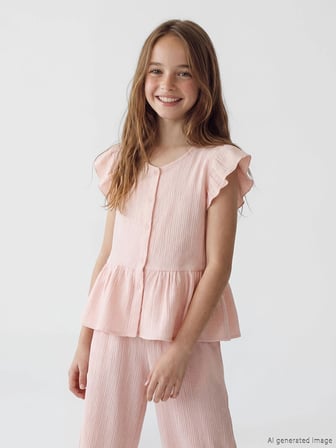LCW Kids Pembe V Yaka Fırfır Detaylı Müslin Kız Çocuk Gömlek