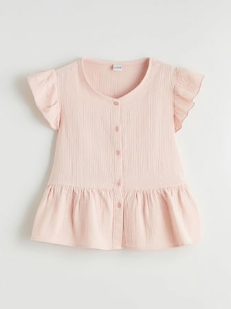 LCW Kids Pembe V Yaka Fırfır Detaylı Müslin Kız Çocuk Gömlek
