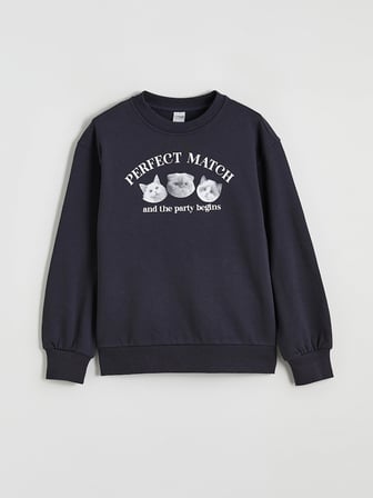 LCW Kids Lacivert Bisiklet Yaka Baskılı Kız Çocuk Kalın Sweatshirt
