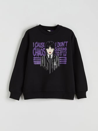 LCW Kids Siyah Wednesday Baskılı Kız Çocuk Kalın Sweatshirt