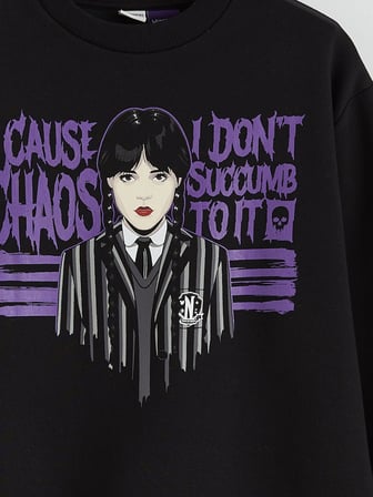 LCW Kids Siyah Wednesday Baskılı Kız Çocuk Kalın Sweatshirt