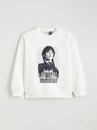 LCW Kids Ekru Wednesday Baskılı Kız Çocuk Kalın Sweatshirt