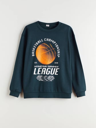 LCW Kids Petrol Bisiklet Yaka Baskılı Erkek Çocuk Sweatshirt