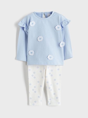LCW baby Mavi Çiçek Nakışlı Kız Bebek Bluz ve Tayt