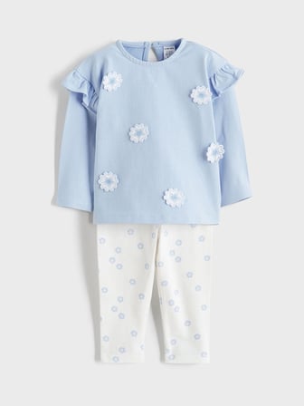 LCW baby Mavi Çiçek Nakışlı Kız Bebek Bluz ve Tayt