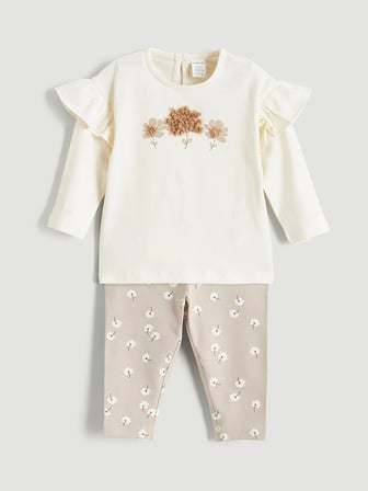 LCW baby Ekru Çiçek Baskılı Kız Bebek Tişört ve Eşofman Alt Takım