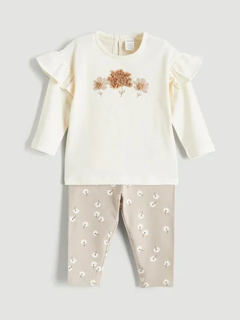 LCW baby Ekru Çiçek Baskılı Kız Bebek Tişört ve Eşofman Alt Takım