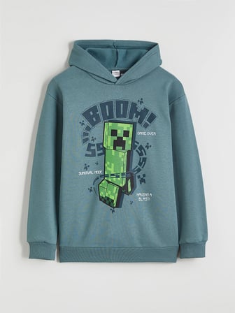 LCW Kids Petrol Kapüşonlu Minecraft Baskılı Erkek Çocuk Kalın Sweatshirt