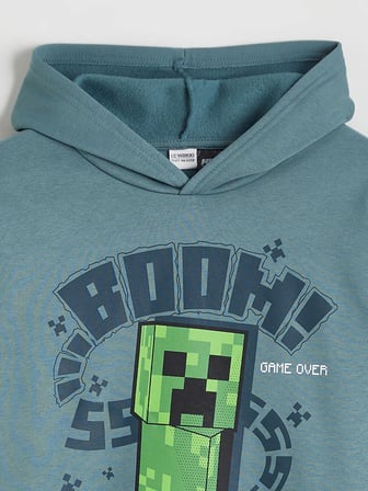 LCW Kids Petrol Kapüşonlu Minecraft Baskılı Erkek Çocuk Kalın Sweatshirt