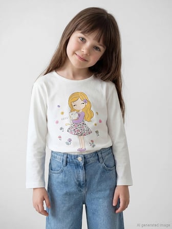 LCW Kids Beyaz Bisiklet Yaka Uzun Kollu Baskılı Kız Çocuk Tişört
