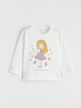 LCW Kids Beyaz Bisiklet Yaka Uzun Kollu Baskılı Kız Çocuk Tişört