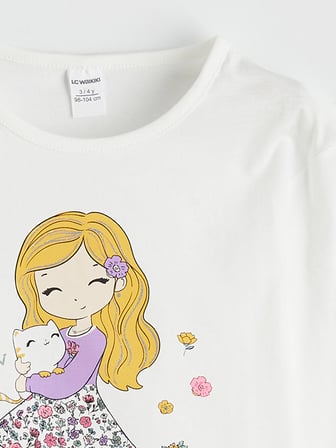 LCW Kids Beyaz Bisiklet Yaka Uzun Kollu Baskılı Kız Çocuk Tişört