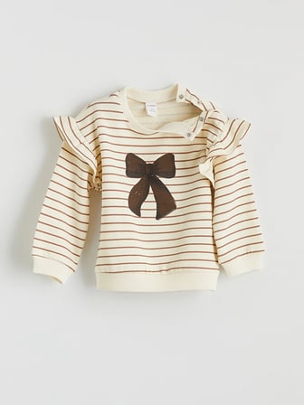 LCW baby Ekru Bisiklet Yaka Baskılı Kız Bebek Sweatshirt