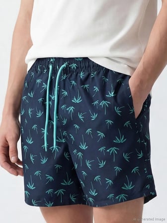 LCW SWIMWEAR Lacivert Kısa Boy Palmiye Desenli Erkek Deniz Şortu