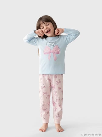 LCW Kids Mavi Kurdele Baskılı Kız Çocuk Pijama Takım