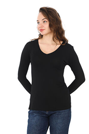Yumuşak, Rahat ve Şık Viskon V Yaka Tişört-Siyah