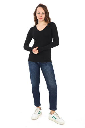 Yumuşak, Rahat ve Şık Viskon V Yaka Tişört-Siyah