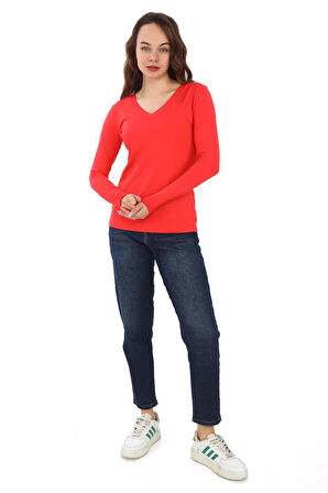 Yumuşak, Rahat ve Şık Viskon V Yaka Tişört-Turuncu