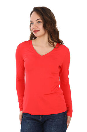 Yumuşak, Rahat ve Şık Viskon V Yaka Tişört-Turuncu