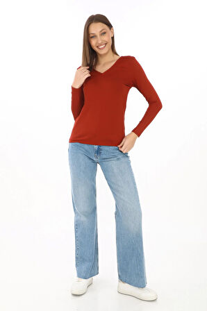 Yumuşak, Rahat ve Şık Viskon V Yaka Tişört-Koyu Taba