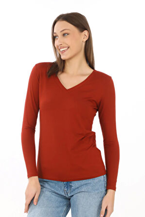 Yumuşak, Rahat ve Şık Viskon V Yaka Tişört-Koyu Taba