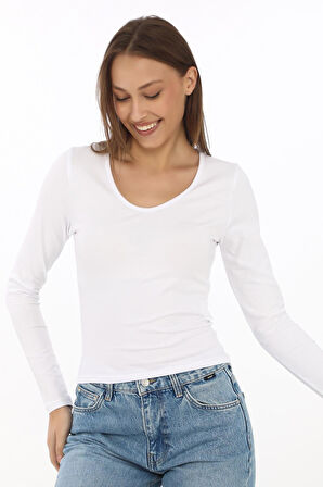 V Yaka Slim Fit Tişört-Beyaz