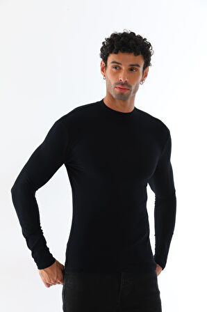 Erkek Dik Yaka Slim Fit Pamuk Likra Tişört 2'li Paket-Siyah-Siyah