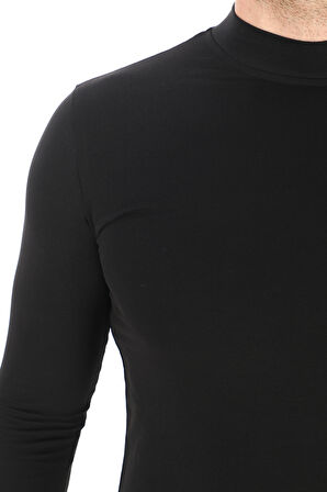 Erkek Dik Yaka Slim Fit Pamuk Likra Tişört 2'li Paket-Siyah-Siyah