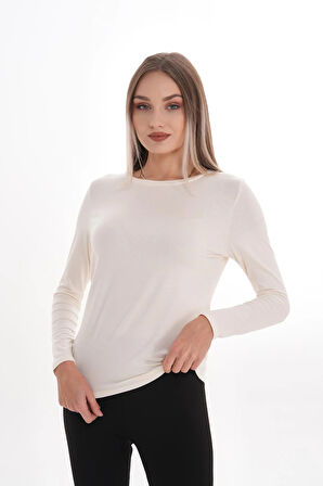 Kadın Zarif İnce Gösteren Viskon Tişört-Krem