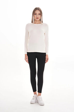 Kadın Zarif İnce Gösteren Viskon Tişört-Krem