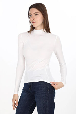 Kadın Modal Dik Yaka Slim Fit Tişört-Beyaz