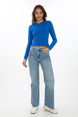 Likralı Pamuk Tişört-Slim Fit -Saks