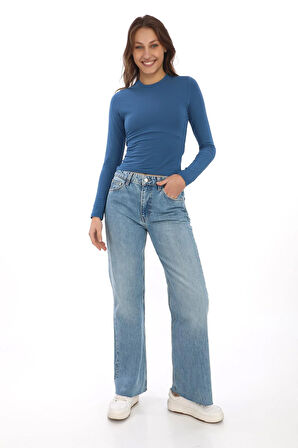 Likralı Pamuk Tişört-Slim Fit -İndigo