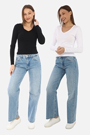 V Yaka Slim Fit Tişört 2'li Satış-Siyah-Beyaz