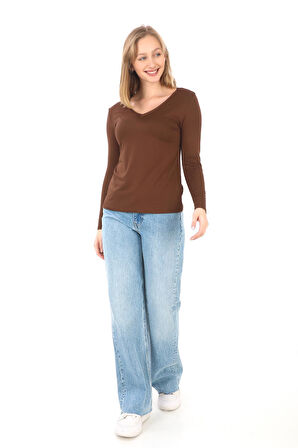 Yumuşak, Rahat ve Şık Viskon V Yaka Tişört-Kahverengi