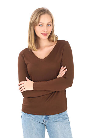 Yumuşak, Rahat ve Şık Viskon V Yaka Tişört-Kahverengi