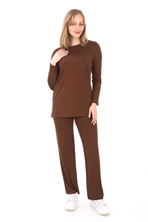 Viskon Tunik & Pantolon Takım-Kahverengi