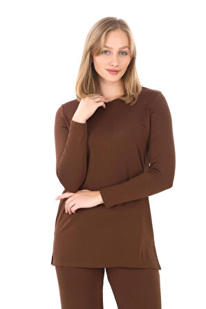 Viskon Tunik & Pantolon Takım-Kahverengi