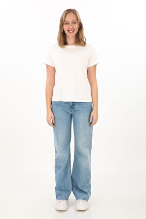 Viskon Dökümlü Tişört-Ekru