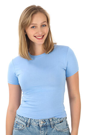 Crop Slim Fit Pamuk Likra Tişört-Mavi