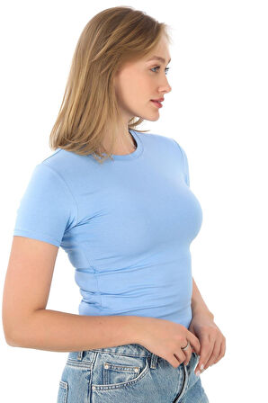 Crop Slim Fit Pamuk Likra Tişört-Mavi