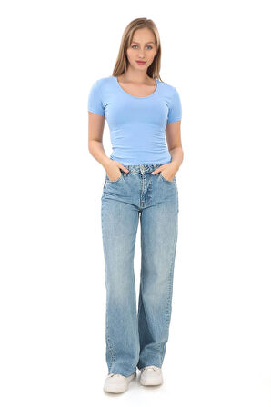 V Yaka Slim Fit Crop Tişört-Mavi