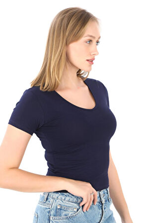 V Yaka Slim Fit Crop Tişört-Lacivert