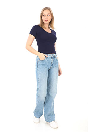 V Yaka Slim Fit Crop Tişört-Lacivert