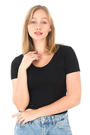 V Yaka Slim Fit Crop Tişört-Siyah