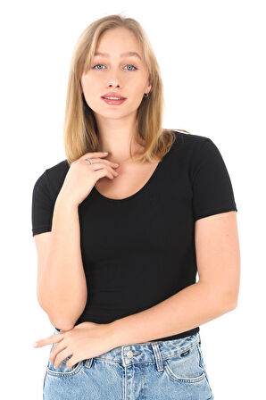 V Yaka Slim Fit Crop Tişört-Siyah