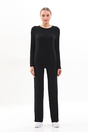 Kadın Viskon Tişört & Pantolon Takım-Siyah