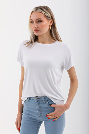 Viskon Dökümlü Tişört-Beyaz