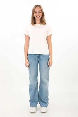 Viskon Dökümlü Tişört-Ekru