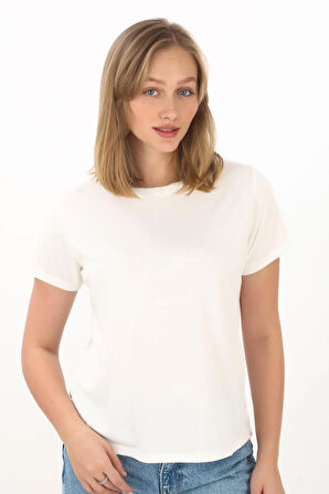 Viskon Dökümlü Tişört-Ekru